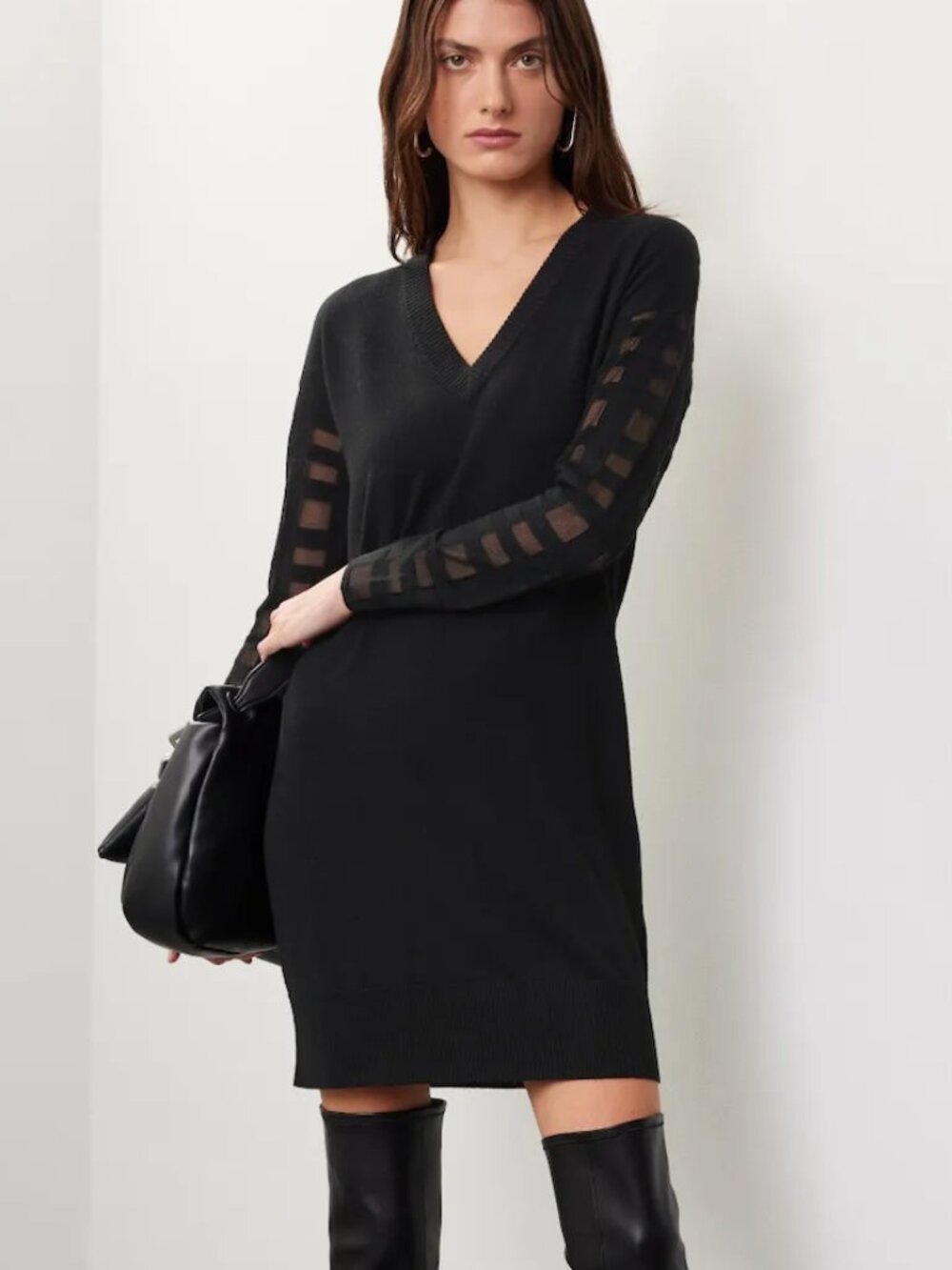 Esteban Cortazar x RTR Slouchy Windowpane Mini Sweater Dress Black Long Sleeve